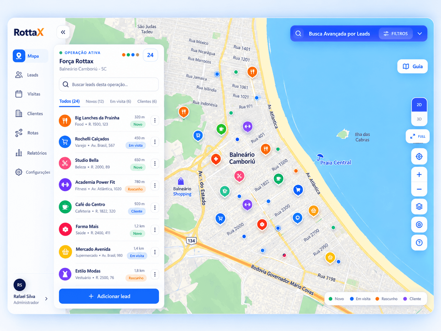 Mapa Rottax mostrando leads e oportunidades comerciais